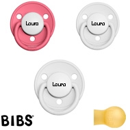 Bibs de Lux sutter med navn (2 White + 1 Coral -HK) Runde Latex str.1, 3 pack